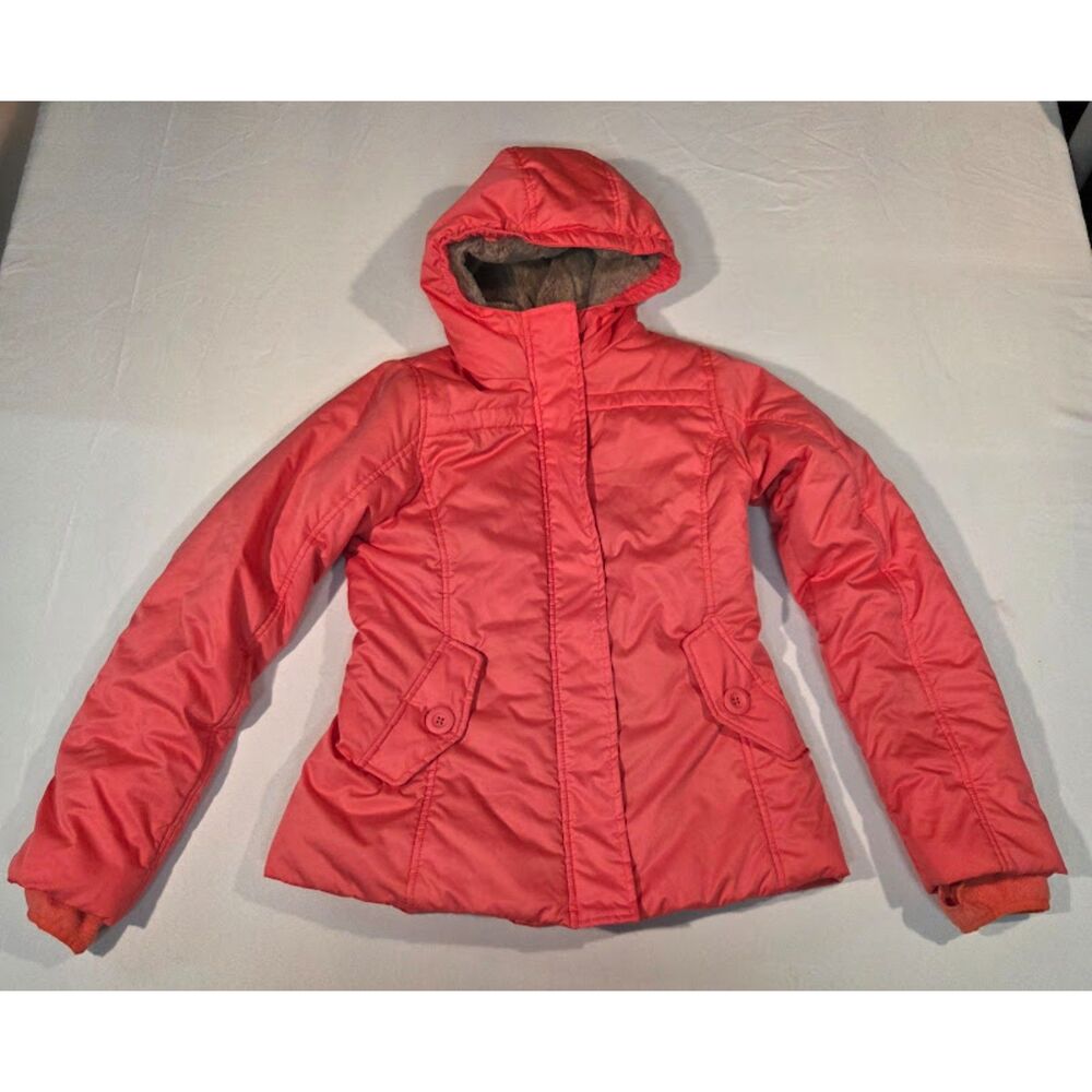 Coral Pink Puffer Jacket Fleece Lined Cinched Waist Coat Lands End size 14